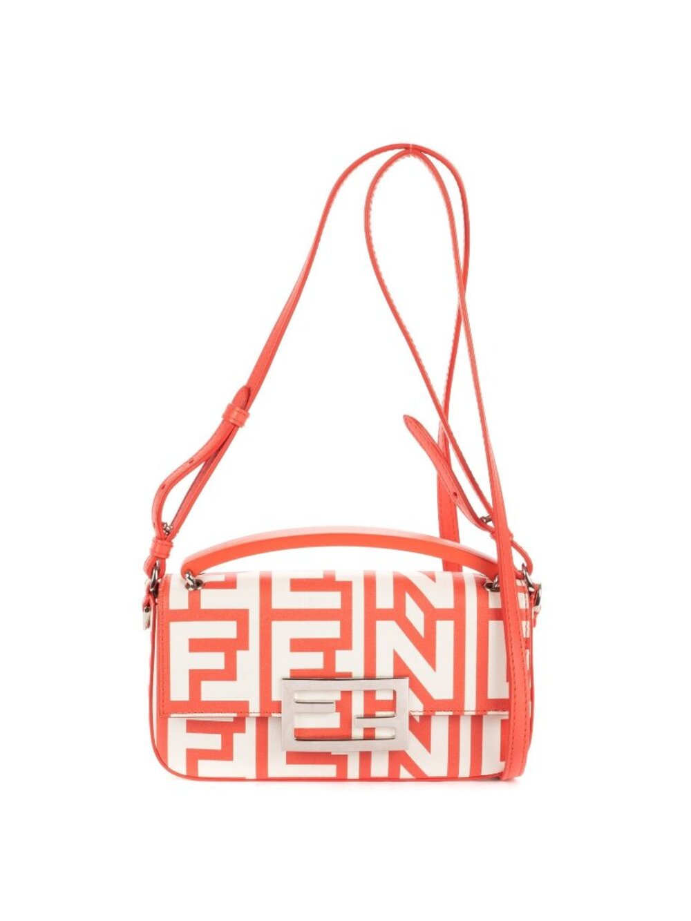 Fendi Mamma Baguette Orange White Logo Print Nappa Leathera Shoulder Bag